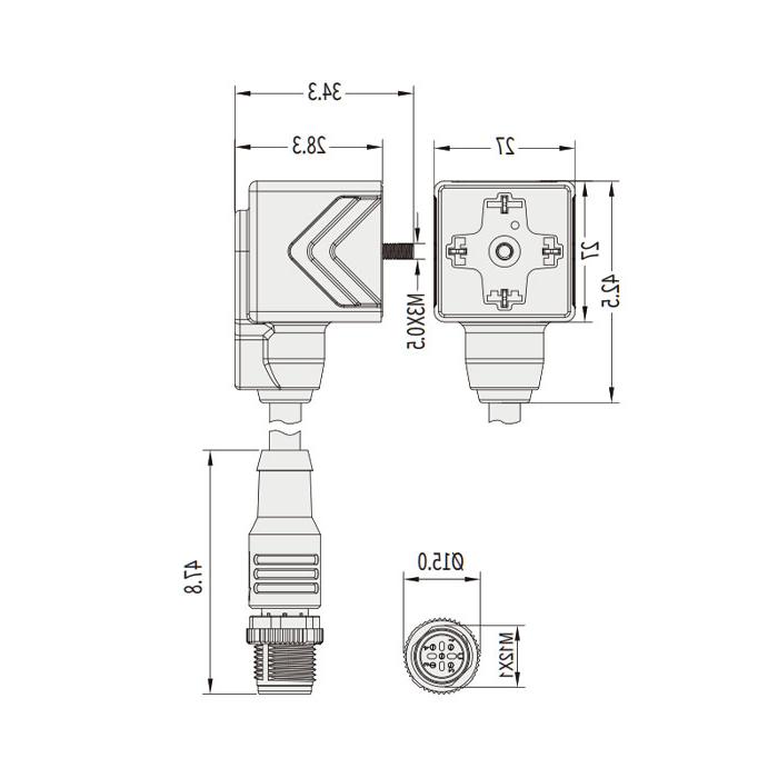 阀门插头类型A，DIN，18mm，4Pin/M12直型公头、双端预铸PVC非柔性电缆、灰色护套、6VA043-XXX